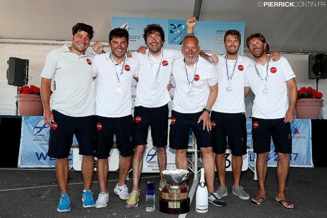 Happy team of TAKI 4 at the 2017 Melges 24 World Championship in Helsinki, Finland  From left: coach Niccolò Bianchi, tactician Giacomo Fossati, bowman Matteo de Chiara, owner Marco Zammarchi, helmsman Niccolò Bertola and trimmer Giovanni Bannetta ©  Pierrick Contin http://www.pierrickcontin.fr/